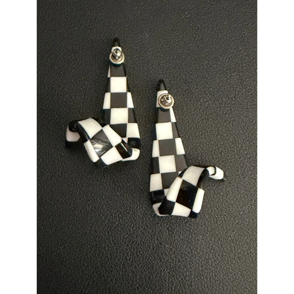 Vintage Earrings Checkered Acrylic Pop Art Black White